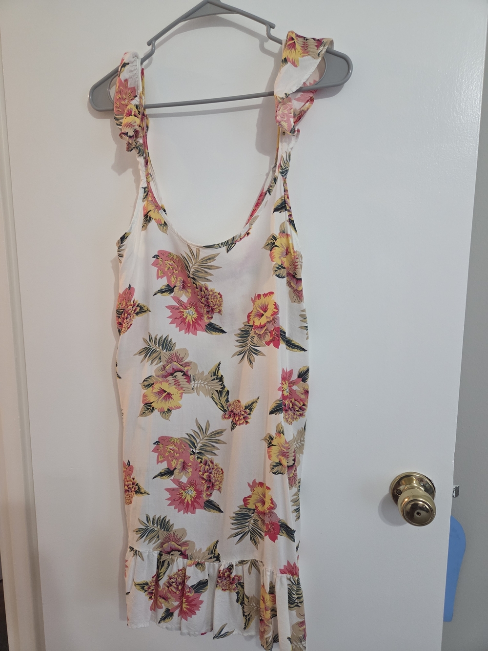 Floral Ruffle Strap Sundress - White with Pink & Yellow Flowers